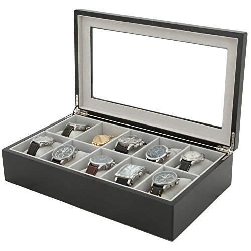 Watch Box for 10 Watches Wood Finish XL Extra Large Compartments Fits 63mm Soft Cushions Clearance Glass Window (Black) Watch Box for 10 Watches Wood Finish XL Extra Large Compartments Fits 63mm Soft Cushions Clearance Glass Window (Black)