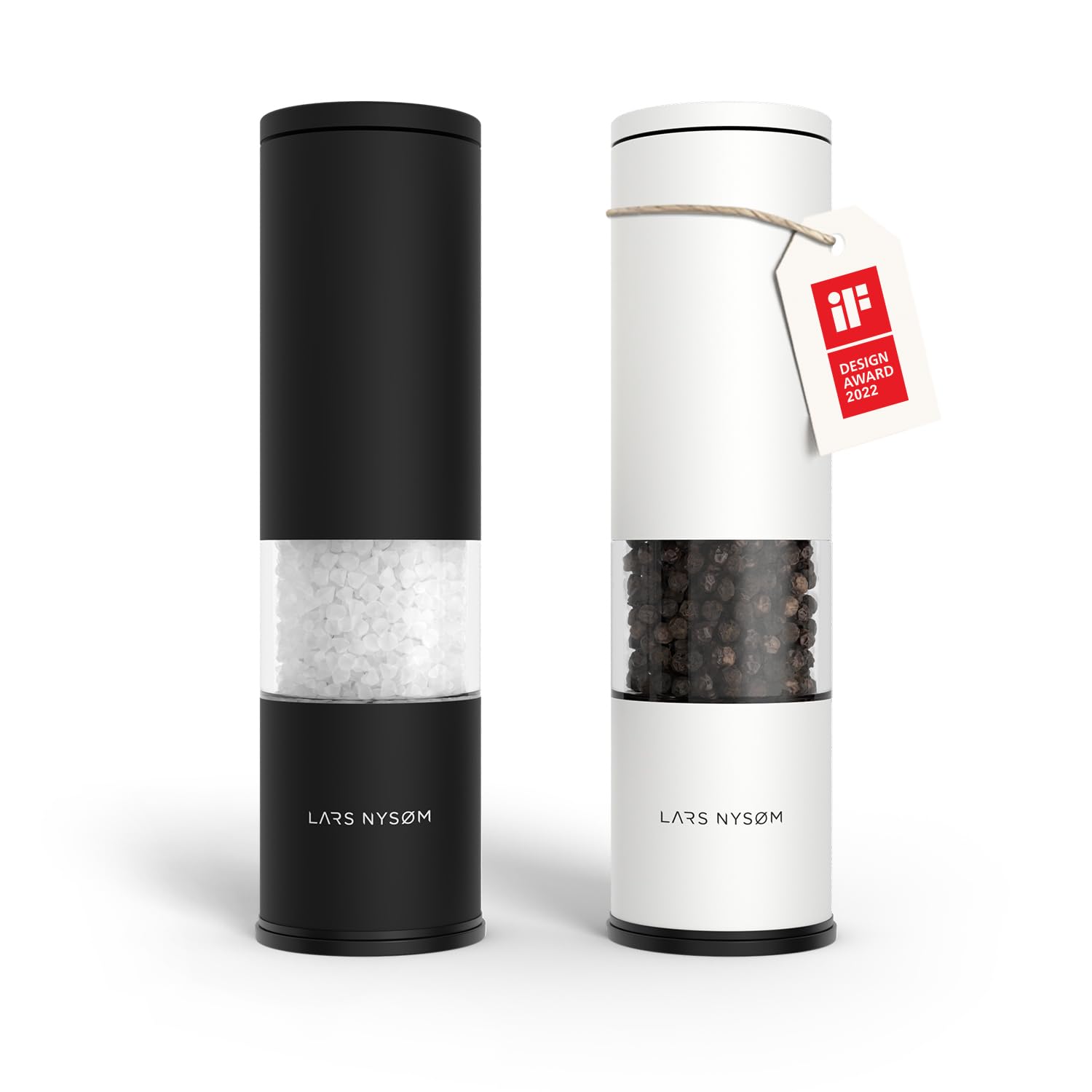 LARS NYSØM Salt and Pepper Grinder Set Manual, Stainless Steel Salt and Pepper Mills with Adjustable Ceramic Grinder I Design Spice Shakers (Black/White)