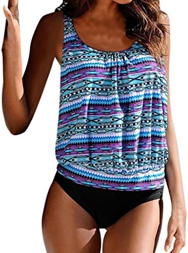 Quartly Women Plus Size Print Padded Tankini Bikini Swimdress Swimwear Swimsuit Sets Bathing Suit (XL, Blue)