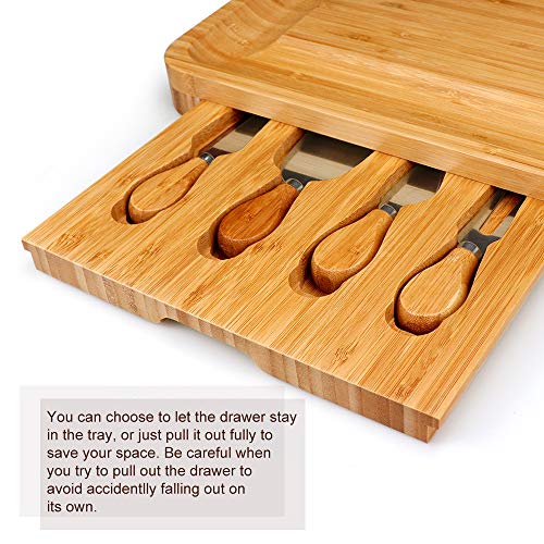 Bamboo Cheese Board and Knife Set, Cheese Servers with Hidden Drawer, Charcuterie Platter and Cheese Serving Tray for Wine, Crackers, Brie and Meat. Perfect for Christmas, Wedding &Housewarming Gifts