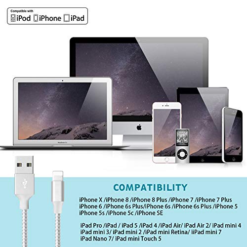 Phone Cable 5Pack 3FT 3FT 6FT 6FT 10FT to USB Syncing Data and Nylon Braided Cord Charger Charging Cable Compatible Phone XS MAX, XR, X, 8, 7, 7 Plus, 6, 6s, 6 Plus, 5, 5c, 5s, SE -Silvergray