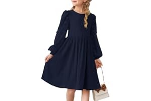 DOKOTOO KIDS Girls Fall Long Sleeve Knit Dresses Casual Crewneck Swiss Dot A-line Dress 6-15 Years