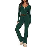Ezbelle Women's Lounge Sets 2 Piece Outfits Long Sleeve Crop Button Down V Neck Shirt Knit Pajama Pant Fall Clothes