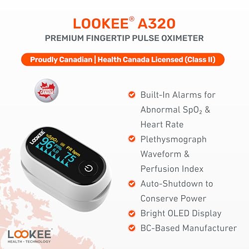 LOOKEE A320 Premium Pulse Oximeter Finger Heart Rate Oxygen Monitor | Proudly Canadian | SpO2 Blood Oxygen Level | Medical Accuracy, Alarm & PI | OLED Display | Batteries & Lanyard