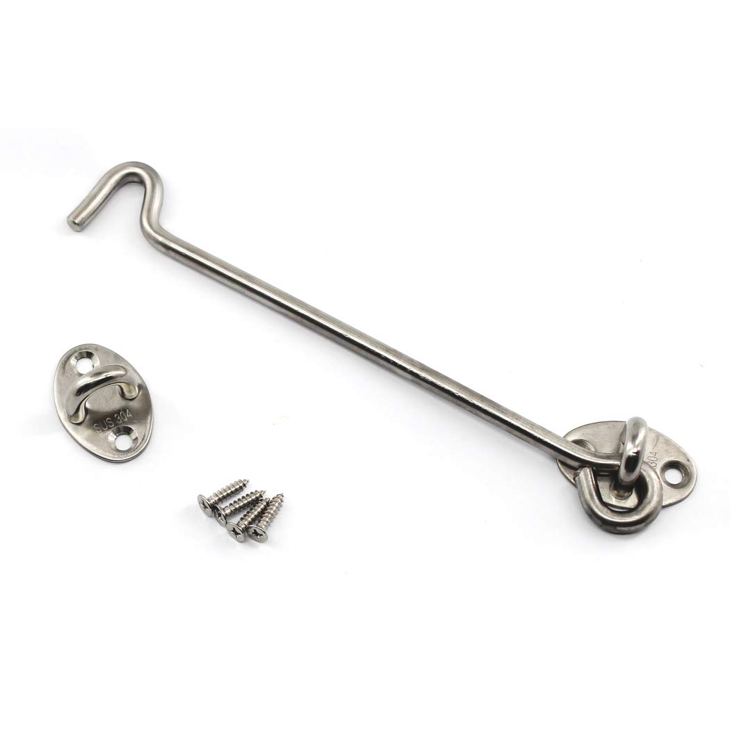 (4 Pieces) 304 Stainless Steel Cabin Hooks Door Latch Hook and Eye Latches Gate Hook 197mm Length with Stainless Steel Screws