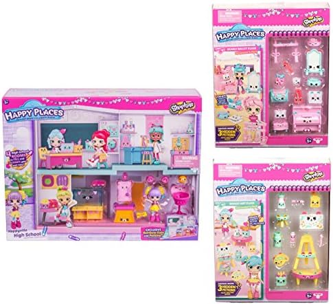Exclusive Holiday Value Bundle! Happy Places Shopkins Happyville High School Playset &amp; Season 3 School Decorator Packs (Mousy Art Class - Bearly Ballet Class)