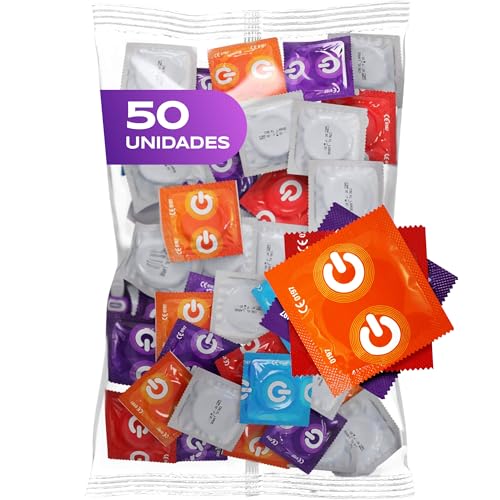 Mix de Condones | Paquete de 50 | Condones Premium 7 tipos y tamaños con 54 mm de ancho | 10x extra delgados, naturales y texturizados | 5x extra fuertes, con aroma a fresa, plátano y chocolate