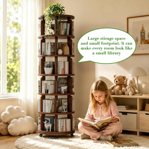 Azlafu 6 Tier 360° Rotating Solid Wood Bookshelf with Wheels, Lazy Susan Circular Spinning Revolving Corner Bookcase, Freestanding Storage Shelf for Bedroom Small Space, Walnut