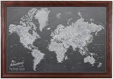 Push Pin Travel Maps Canvas - Personalized Stormy Dreams World with Solid Wood Cherry Red Frame