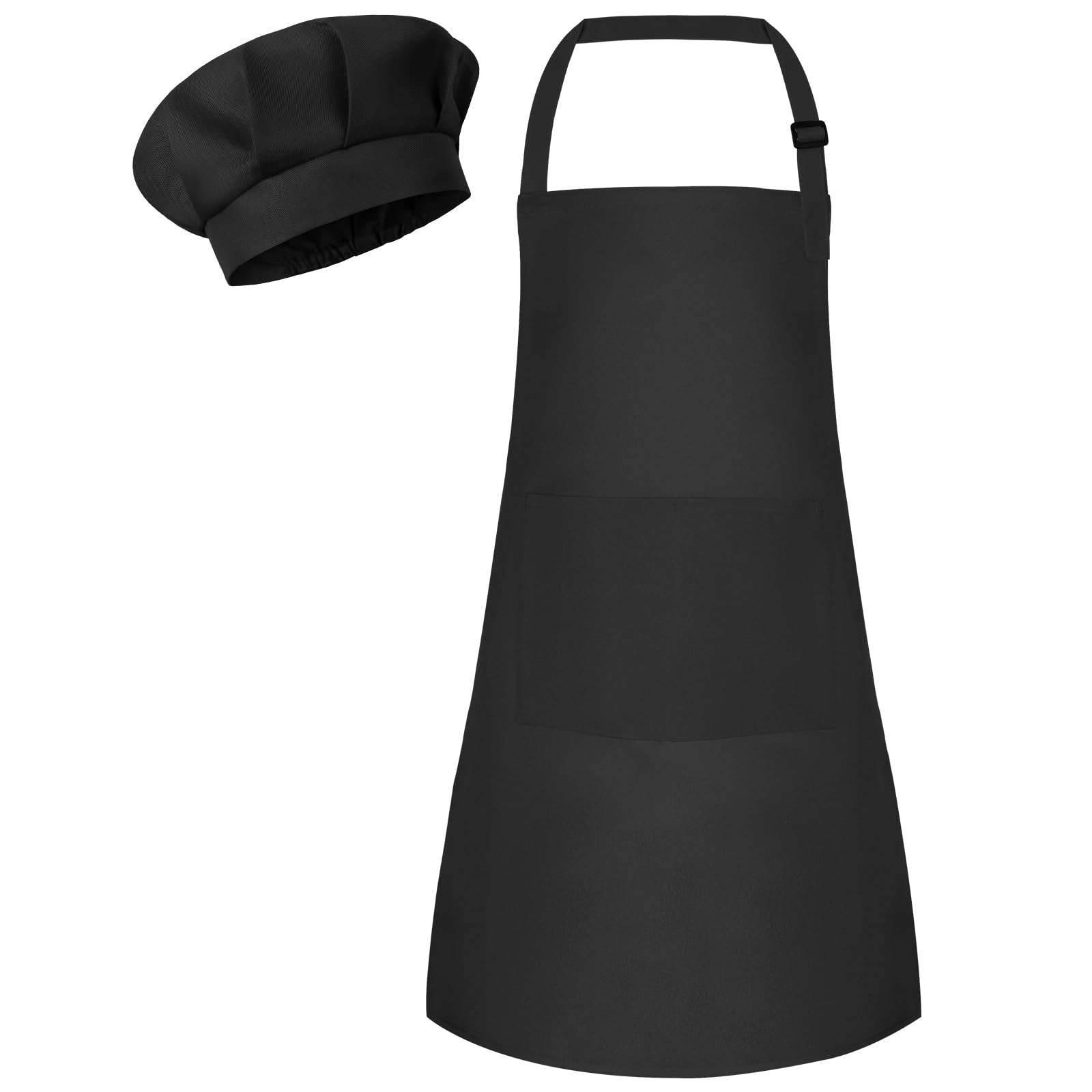 Bouiexye 1 Set Kids Apron and Chef Hat Set Children Apron Adjustable with 2 Pockets Children Chef Painting for Cooking Baking Painting Crafts Making (Black)