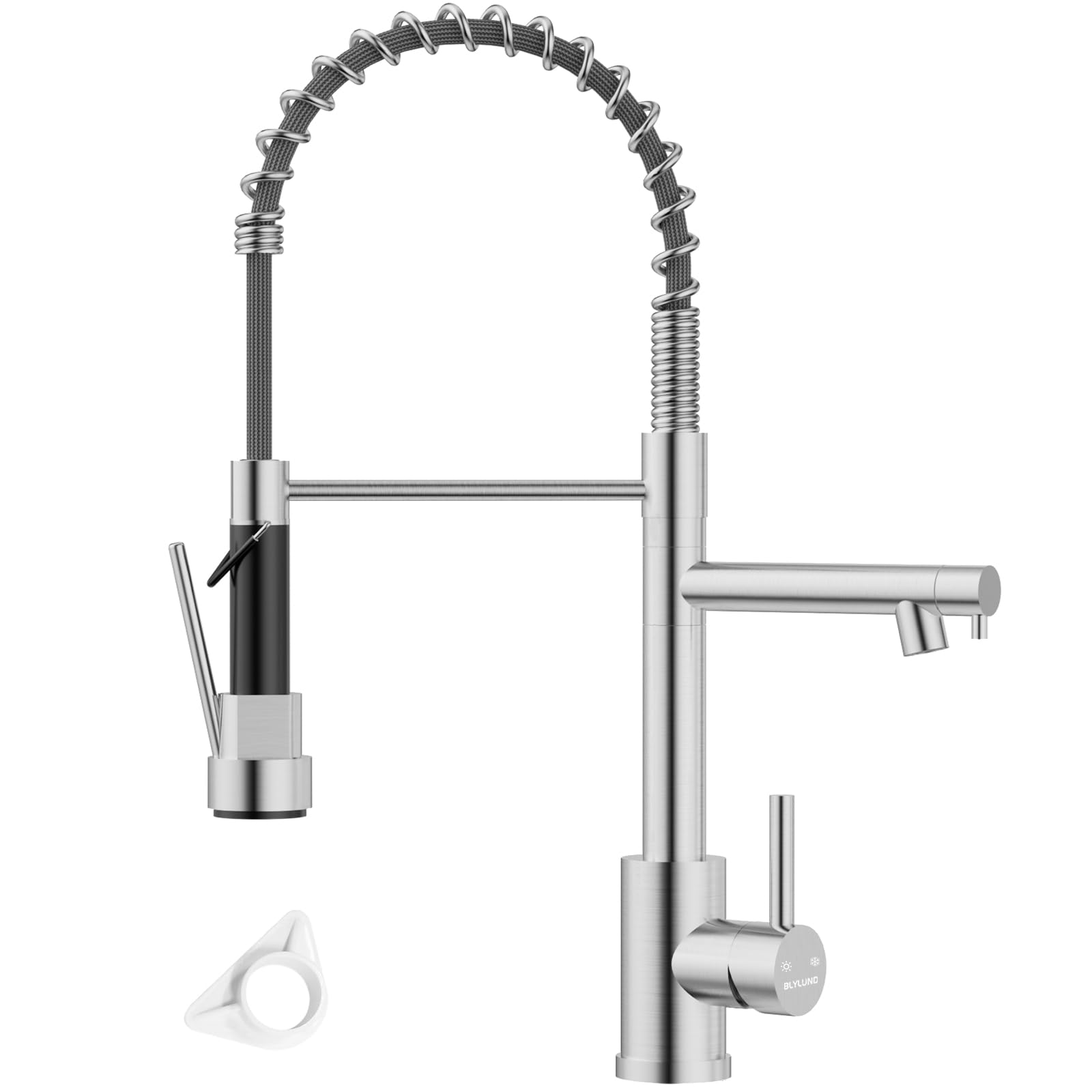 BLYLUND Kitchen Sink Mixer Tap with Two Spouts, Commercial Single Handle Kitchen Sink Taps SUS 304 Stainless Steel 360 Degree Rotation with Pull Out Sprayer