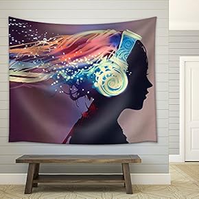 Woman with Magic Glowing Headphones on Dark Background,Illustration Painting - Fabric Wall Tapestry Home Decor - 51x60 inches
