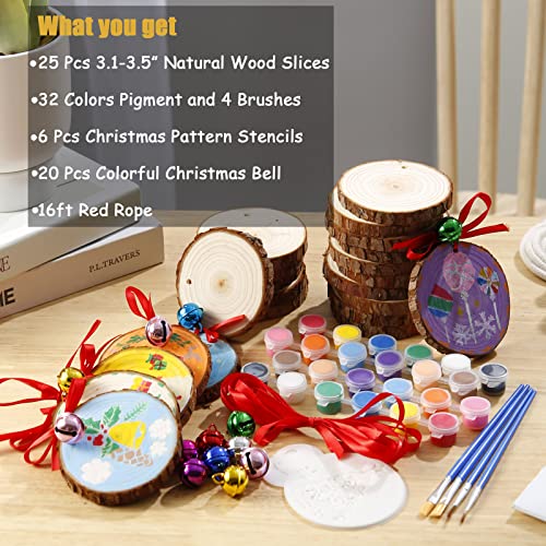 Natural Wood Slices 25 Pcs 3.1-3.5 Inches Predrilled Unfinished Wood Slices, 6 Pcs Christmas Pattern Stencils, 32 Colors Pigment, 25 Pcs Jingle Bells, 16ft Red Ribbon, DIY Craft for Christmas Ornament