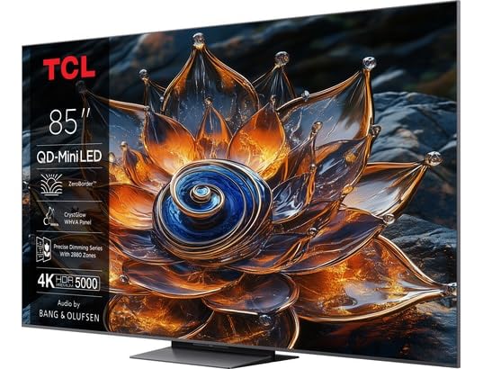 TCL 85Q8C 85 Zoll QD-Mini LED-Fernseher, 4K HDR Premium 5000, ZeroBorder™, Smart Google TV, CrystGlow WHVA-Panel, Audio von Bang & Olufsen, 144Hz Motion Clarity Pro, Dolby Vision IQ & Atmos 4