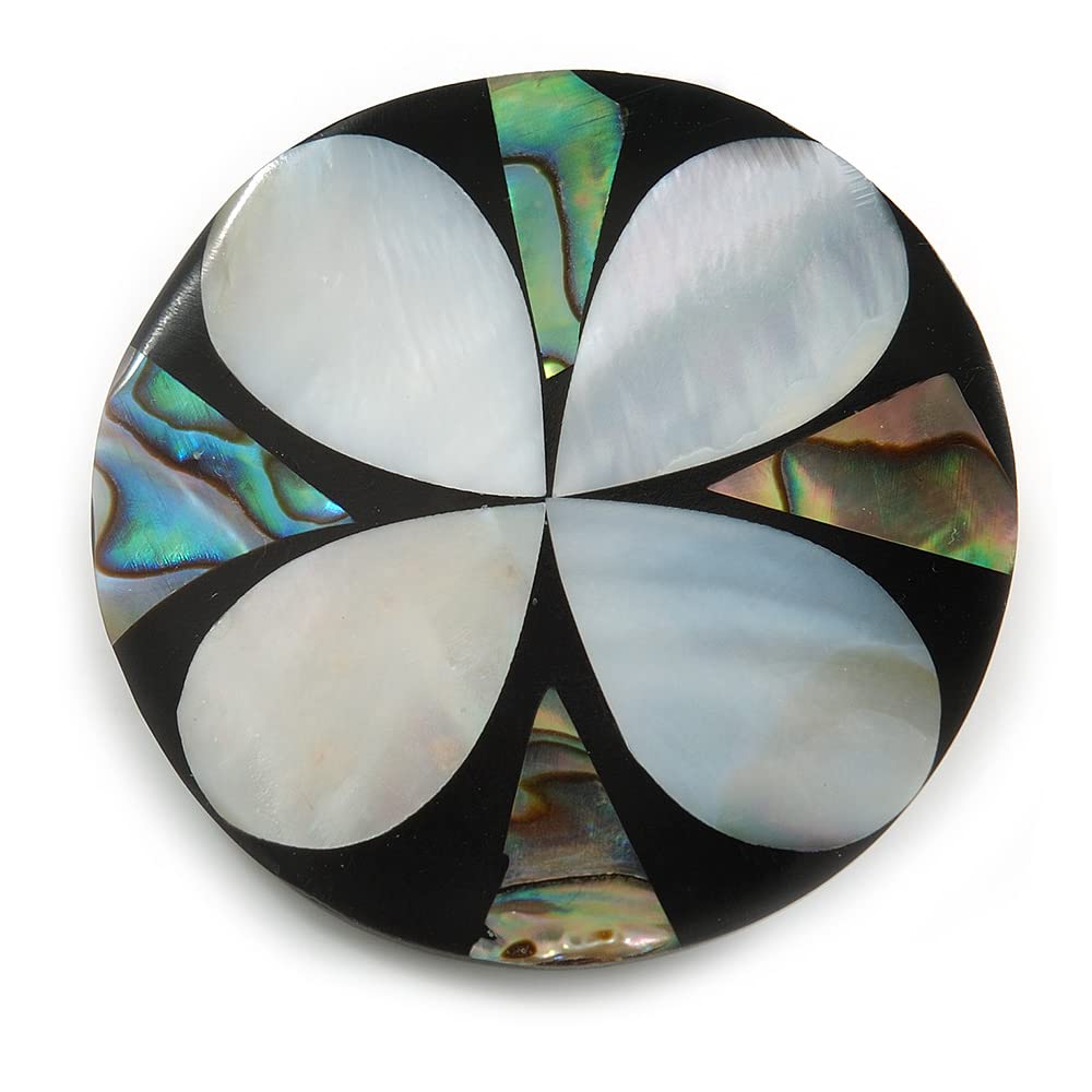 40mm L/Round Flower Motif Sea Shell Brooch/Black/Silvery/Abalone Shades/Handmade/Slight Variation In Colour/Natural Irregularities