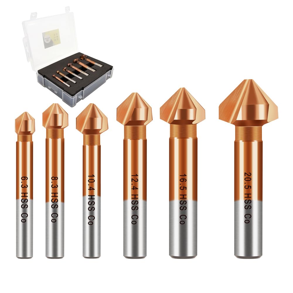 Countersink Drill Bit M35 Set, DARTOTEK HSS 3 Flutes 90 Degrees Chamfering Tool Cobalt-plated Ø 6.3-20.5 mm Countersink and Deburrer Set for Stainless Steel, Aluminium Metal and Wood
