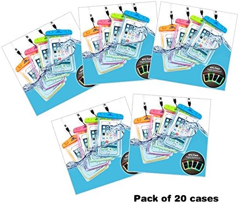 Sunny Tag Glow in Dark-Floating Waterproof Universal Phone Dry Bag Case, 20-Pack Blue, Green, Pink, Orange