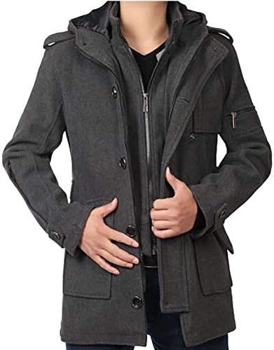 iPretty Men Winter Classic Warm Wool Coats Trench Jacket with Hood;Grey;XL
