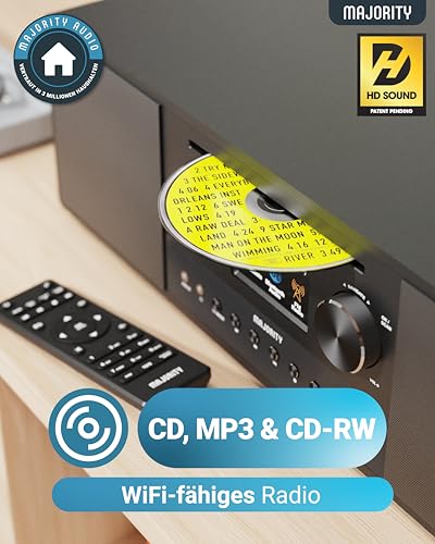 Internet Radio WLAN with CD Player, Bluetooth Stereo System with Radio DAB+ & FM, 120 W 2.1 Stereo Speaker with Built-in Subwoofer, Kitchen Radio with Spotify Connect & Podcasts, MAJORITY Quadriga