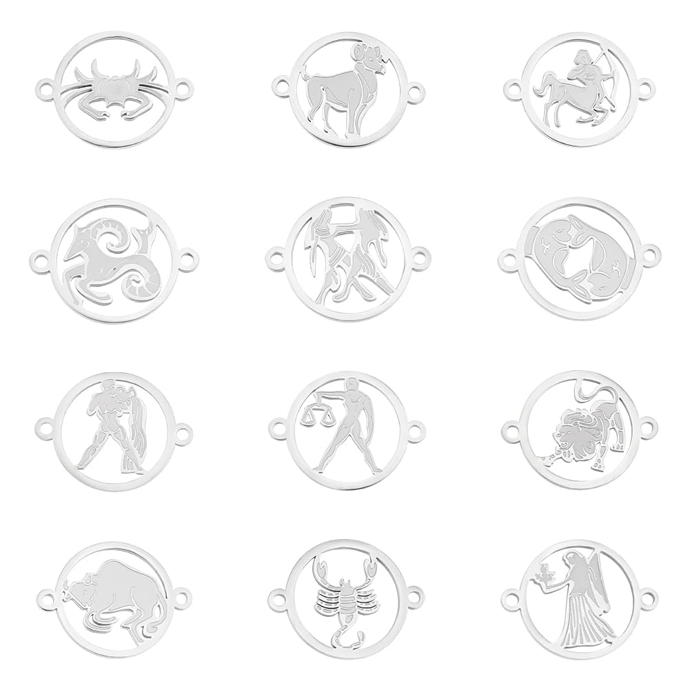 UNICRAFTALE 12pcs Zodiac Sign Stainless Steel Linking Charms, Flat Round with Constellations Links Connectors, 1.4mm Hole, Perfect for Jewelry Making