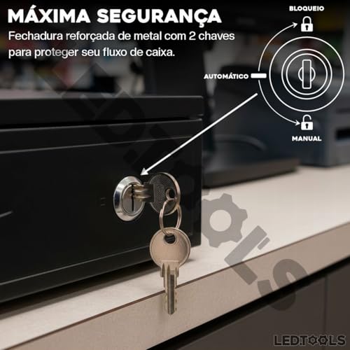 Caixa de Dinheiro Gaveta Registradora Preta Noteiro Moedeiro Abertura Automática e Manual com Chave Reforçada