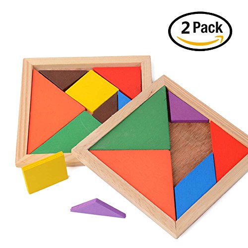 Children Tangram Jigsaw Puzzle Intelligent Colorful Rainbow Wooden Brain Educational Developmental Geometry Tangram Puzzle Toy for Kids [7 Piece] [2 Pack]