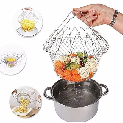 Deziine 12 in 1 Kitchen Tool Chef Basket, Foldable Steam Rinse Strain Magic Stainless Steel Strainer Net Basket for Kitchen Cooking