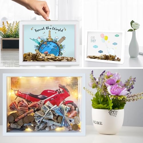 Totofac 3D Bilderrahmen zum Befüllen 27x22 cm, Spardose Weiß Lackierter Holzbilderrahmen, 3D Bilderrahmen Sparbüchse für Hochzeit Taufen Reisen Valentinstag Weihnachten Geldgeschenk