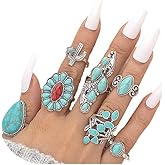 GIGB PBDK 7Pcs Bohemian Turquoise Stacking Rings for Women,Exaggerate Western Knuckle Ring Sets,Vintage Hollow Large Leaf Floral Rings Jewelry Gifts