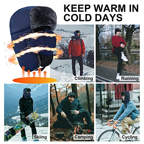 Trapper Hat Winter Hats for Men Women, Russian Warm Trooper Hat with Ear Flaps, Ushanka Bomber Fur Hats with Windproof Mask Blue