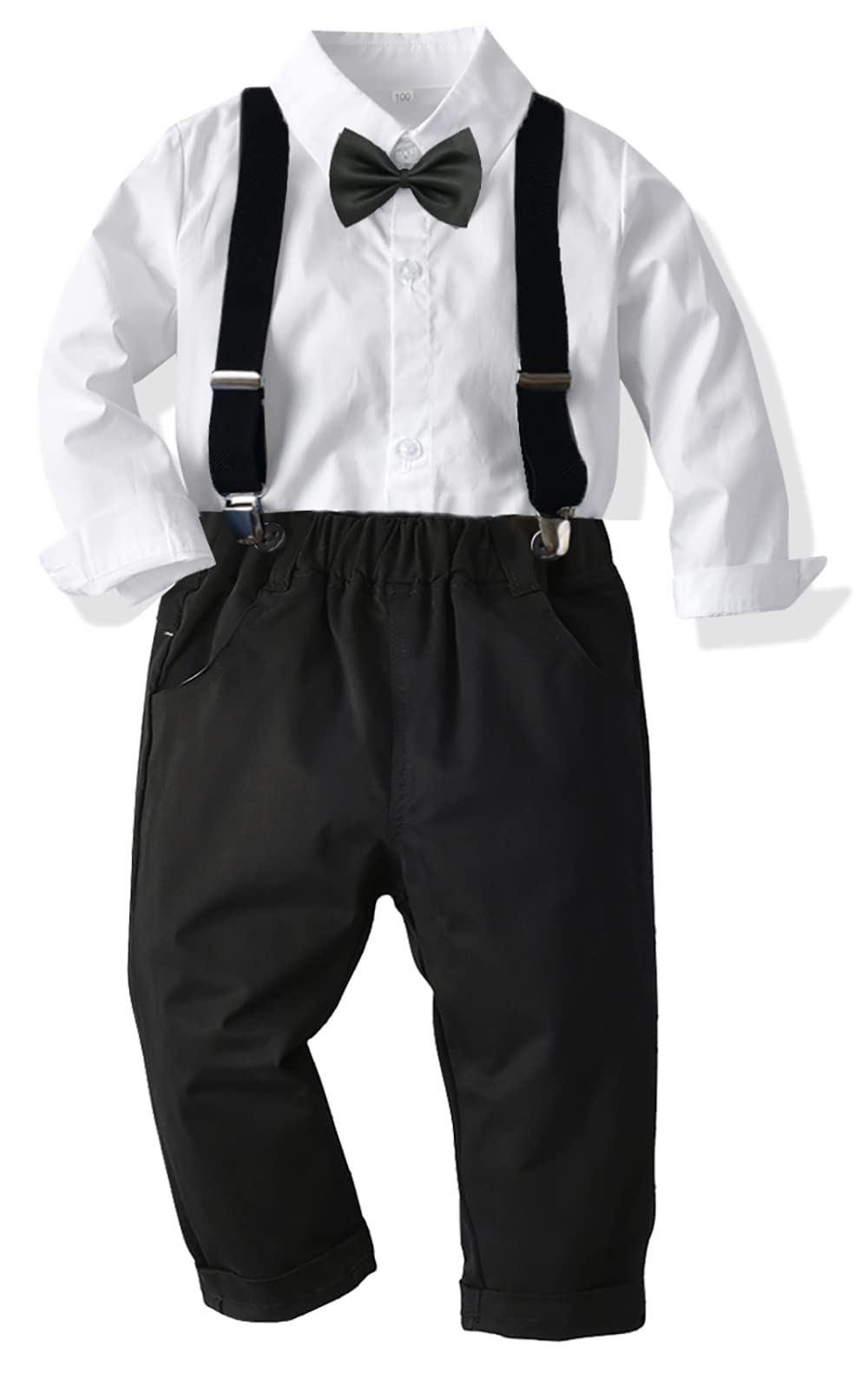 Photo 1 of SALNIER Toddler Dress Suit Baby Boys Clothes Sets Bowtie Shirts + Suspenders Pants 3pcs Gentleman Outfits Suits 6 Month - 6 Years (White003,4T)