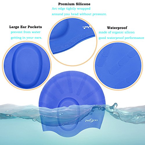 image for PHELRENA Swimming Cap Waterproof Premium Silicone Solid Long Hair Earm