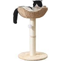 SHENGOCASE Small Cat Tree Tower with Large 17.7" Rattan Wicker Basket, Handwoven Nest Basket Bed, Window Perch for Large Cats
