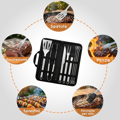 9 Piece Barbecue Tool Set - Stainless Steel BBQ Tools with Case - Complete Accessories for Barbecue, Grilling, Fireplace and Baking