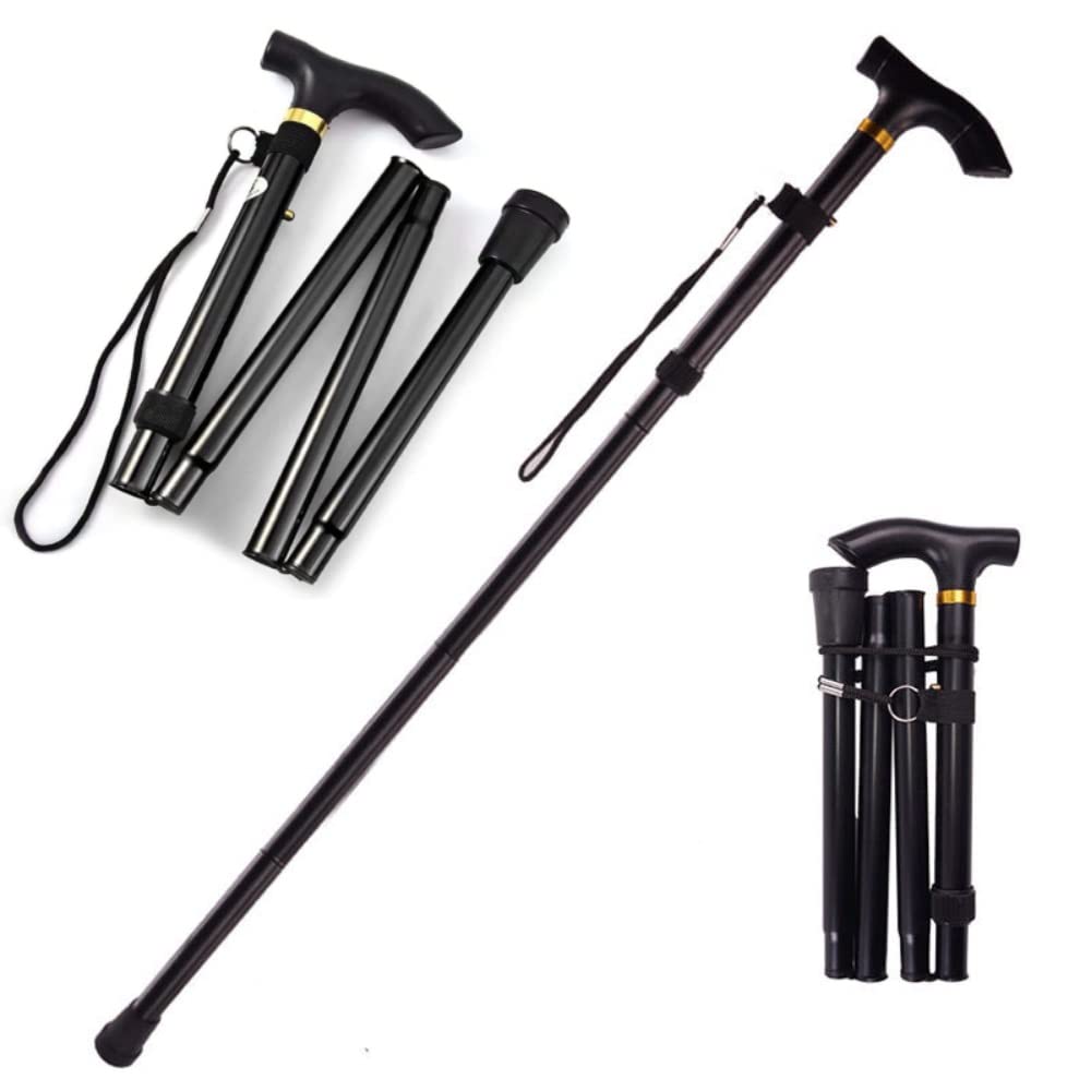 Foldable Walking Stick, Adjustable Walking Cane for Women, Men, Lightweight Walking Sticks for Disabled Anti Slip Rubber Base, Metal, Black