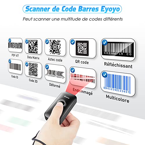 Eyoyo 2D Bluetooth Barcode Scanner, Wireless 1D QR Barcode Scanner for iPhone iPad, iOS, Android, PC Tablets POS