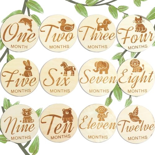 Wooden Baby Monthly Milestones for Newborn Baby,1-12 Months Baby Announcement Discs, Pregnancy Baby Shower Gifts (12 pcs Single-Sided Fonts & Animals)