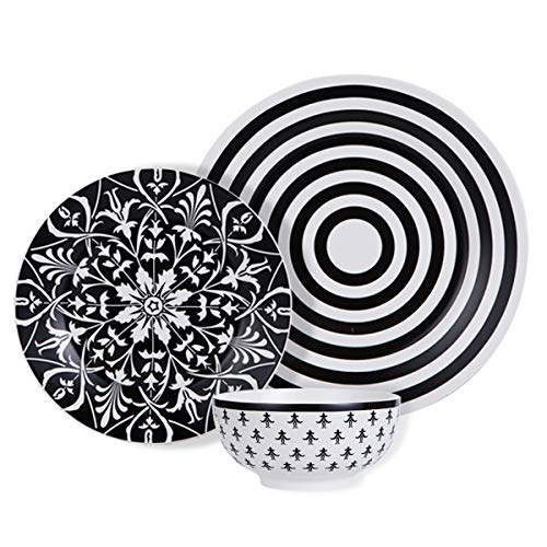 12 Piece Dinnerware Set,Floral Round Dinnerware Set Services for 4,Black - Thumbnail 6