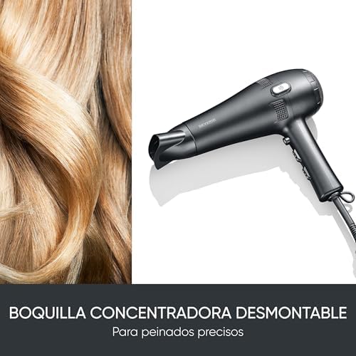 Secador de pelo, secador potente, enrollador automático del cable con solo pulsar un botón, con botón de aire frío, dos accesorios adicionales, 2100 W, negro, HT 0165