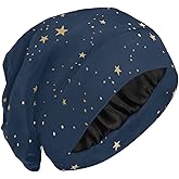 ElliTarr Satin Bonnet Lined Sleep Cap Hair Wrap Cover Slouchy Beanie for Curly Hair Protection for Gifts for Men Women Dark Blue Stars