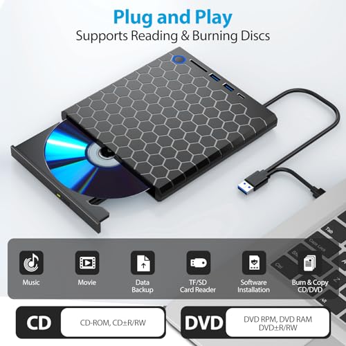 Grabadora CD Lector,Grabadora DVD Externa USB 3.0 y Tipo C, Lector de CD con USB C,2 USB A y Lector Tarjeta SD/TF,Unidad Óptica Externa de CD/DVD Compatible con Windows 11/10/8/7/XP/Vista/Linux/Mac OS