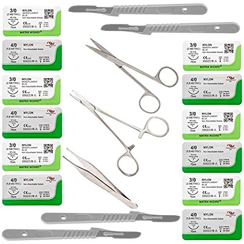 3/0 + 4/0 Sterile Sutures Thread with Needle + Training Tools for Medics, Medical, Physician Assistant, Nursing, Veterinary Student's Surgical Suture Practice Kit, Stitching Pad Emergency Training Set