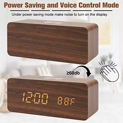 Digital Alarm Clock with Wireless Charging, LED Wood Large Display, Loud Alarm Clock for Heavy Sleepers, with USB Port, 3 Alarm Settings, Date and Temperature Displays, for Bedroom, Bedside
