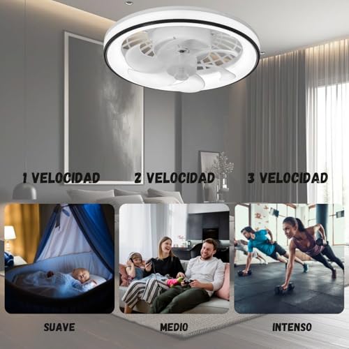 Megaluz LV34W12 Ventilador de techo con luz led y control remoto, 13”, luz blanca fría, neutra y cálida, 6 aspas desmontables, Abanico de techo enchufe E27, 4 velocidades y motor silencioso (Blanco).