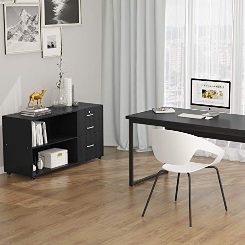 Tribesigns 3 Drawer Wood File Cabinets with Lock, Large Modern Lateral Mobile Filing Cabinets Printer Stand with Wheels, Open Storage Shelves for Home (Black with Lock)