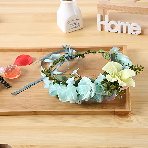 Felice Arts Handmade Boho Flower Headband Hair Wreath Halo Floral Garland Crown Headpiece with Adjustable Ribbon Festival Wedding Party, Blue