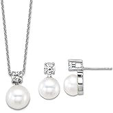925 Sterling Silver Rhodium Plated Fwc Pearl and Cubic Zirconia 17 Inch Necklace Earrings Set Jewelry Set for Women