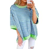Women Striped Colorblock Oversized T Shirt Exposed Seam High Low Pullover Crewneck Short Sleeve Blouses Tops