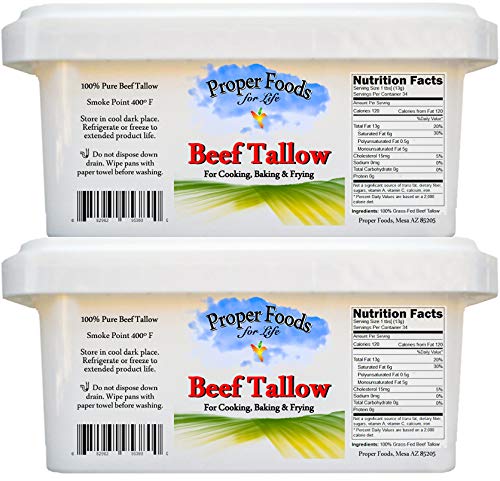 Proper Foods 100% Grass-Fed Beef Tallow - Pasture Raised - for Cooking, Baking and Frying - 16 oz (Pack of 2)