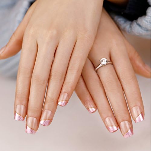 ArtPlus 24pcs x 2 (2-Pack) Strip of Gold Pink Petal Elegant Touch French Manicure False Nails with Glue Full Cover Medium Length 2 Boxes in 1 Fake Nails Art